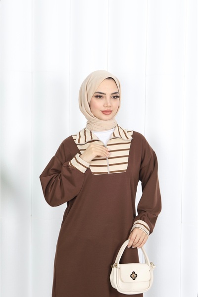 NİSUM MODA Ριγέ φόρεμα με φερμουάρ και δύο κορδόνια