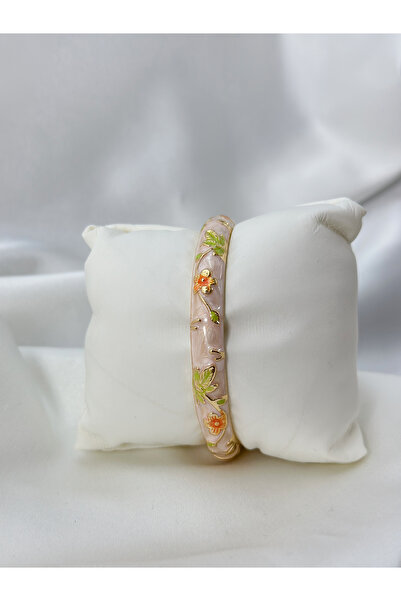 Raha Butik Renkli Çiçek Desenli Pudra Vintage Mineli Kelepçe Bileklik