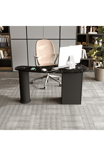klubeconcept Mermer Desenli Modern Ofis Masası Yivli Silindirik Ayaklı 3 Çekm...