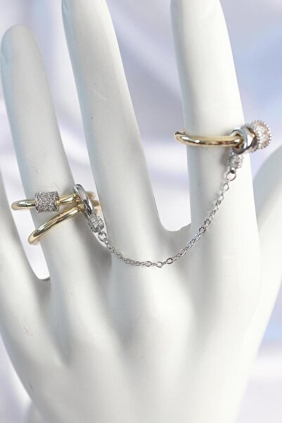 YİĞİTKARANAKSESUAR طقم خواتم نسائية بسلسلة من الزركون الفضي والذهبي