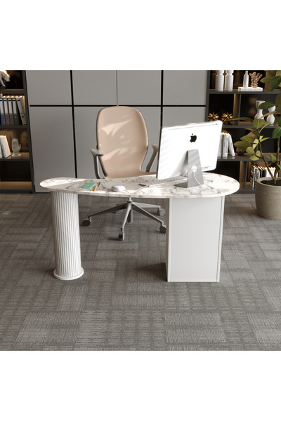 klubeconcept Mermer Desenli Modern Ofis Masası Yivli Silindirik Ayaklı 3 Çekm...