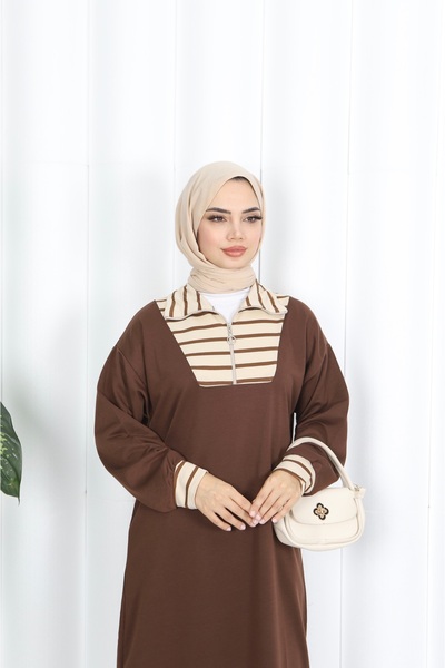 NİSUM MODA Ριγέ φόρεμα με φερμουάρ και δύο κορδόνια