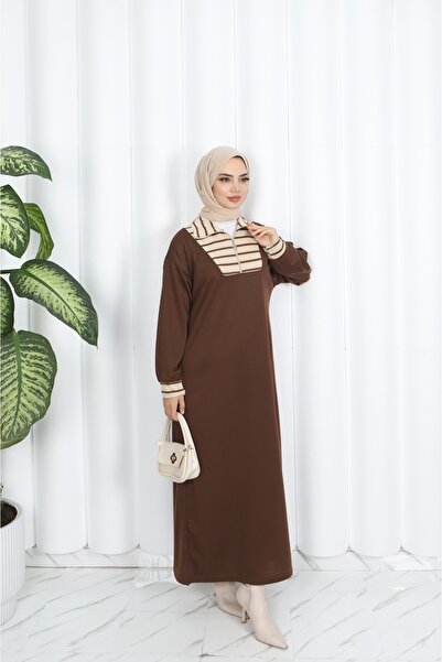 NİSUM MODA Ριγέ φόρεμα με φερμουάρ και δύο κορδόνια