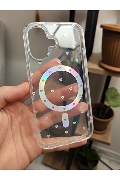 INFINITY iPhone 16 Şeffaf Uyumlu Darbe Önleyici Hologram Kalp Baskılı Magsafe Arkası Sararmaz Sert Kılıf