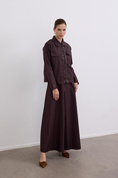 Hilay Emilia Deri Detaylı İçlik Elbiseli Takım KAHVERENGİ