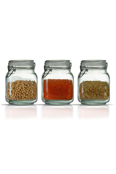 Store 3'lü Korken Kare Kavanoz 1000 ml Vakumlu Kilitli Cam Saklama Kavanozu