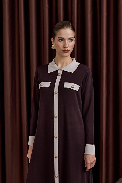 Hilay Amanda Deri Kemerli Çift Renk Triko Elbise KAHVERENGİ