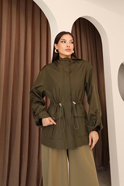 Hazel Kadın Haki Kapüşonlu Katlama Kol Detaylı Trençkot