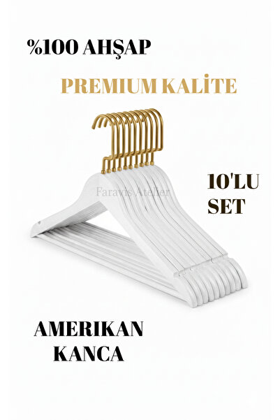 Faravis Atelier Beyaz Siyah Ceviz Ahşap Lüks Askı Kıyafet Elbise Gömlek Ve Pantolon Askısı Amerikan Kanca 10 Adet