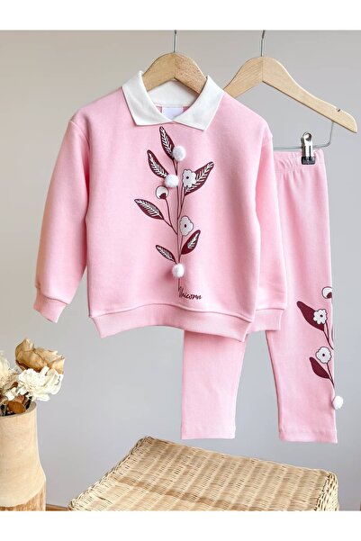 Pinkitokids Thin Flowers Collar Detail 3D Cotton Embroidered Sweatshirt and Leggings Set