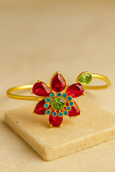 bahia butik aksesuar سوار نسائي، إلديليا / ذهبي اللون مع زخارف زهور حجرية حمر...