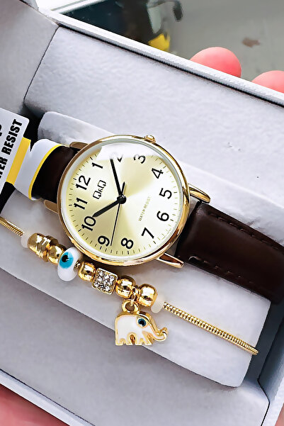 Q&Q 3 ATM Su Geçirmez Quartz Kadın Kol Saati Kahverengi Deri Kordon - Hediye Bileklik QQB2001C4