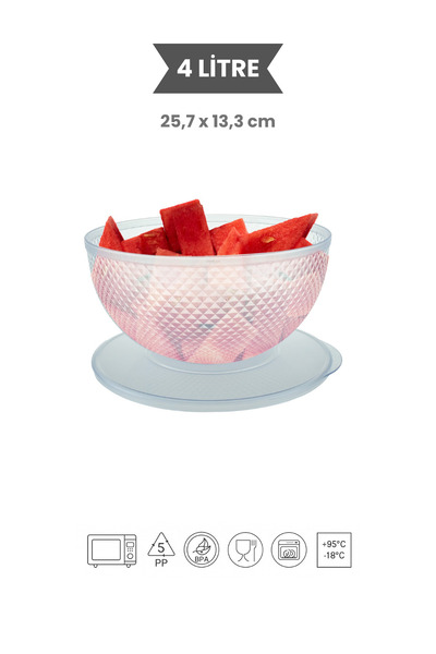 Melkan Home 4 Liter Transparent White Presentation Bowl with Lid – Bpa-Free, Large Volume, Multi-Purpose Kitchen Bowl