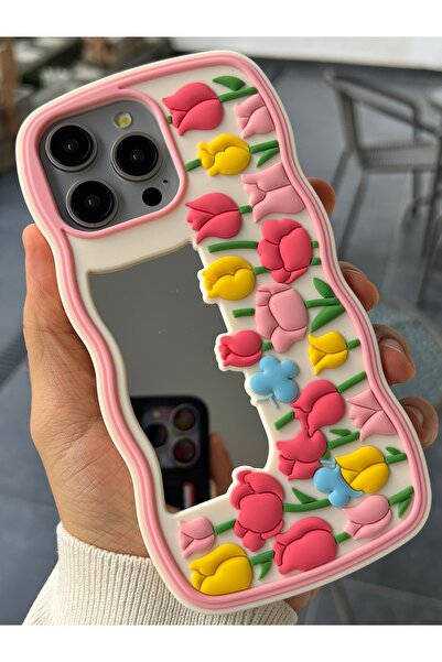 EDELFU iPhone 14 PRO MAX - Aynalı, 3D Lale Desenli, Yumuşak Silikon Dalgalı T...
