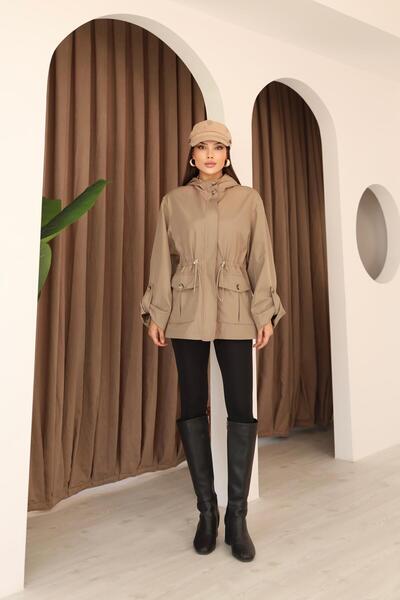 Hazel Kadın Vizon Kapüşonlu Katlama Kol Detaylı Trençkot