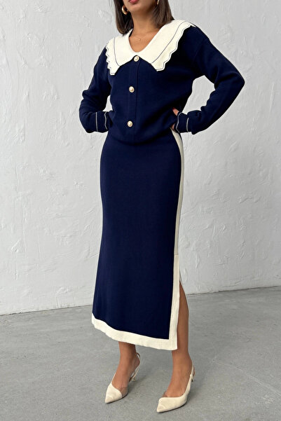 Lusin Women's Navy Blue Stylish Collar Detailed Cardigan Skirt Bottom Top Knitwear Set