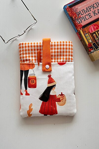 Outlet Çarşım Linen Book Cover with Pockets, Pumpkin Girl Patterned Bookworm Gift