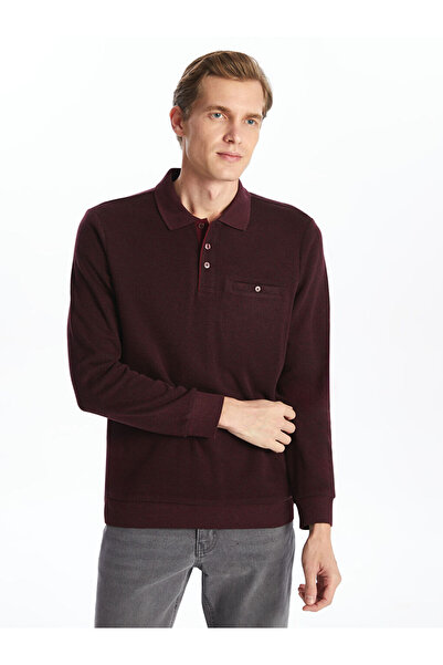 LC Waikiki Swea pentru bărbați cu mânecă lungă, cu guler polo, roșu Claret tr...