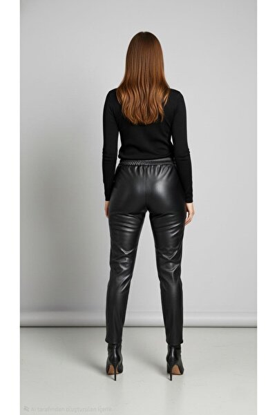 SUHIS Women's Black Faux Leather Trousers