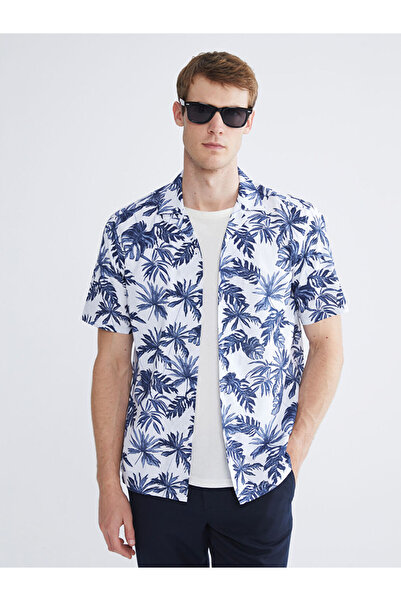 LC Waikiki Ecru Regular Fit Resort Collar Short Sleeve Patterned Poplin Men's Shirt