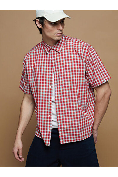 LC Waikiki Red Comfortable Fit Short Sleeve Plaid Poplin Men's Shirt