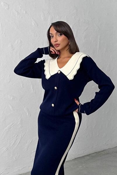 Lusin Women's Navy Blue Stylish Collar Detailed Cardigan Skirt Bottom Top Knitwear Set