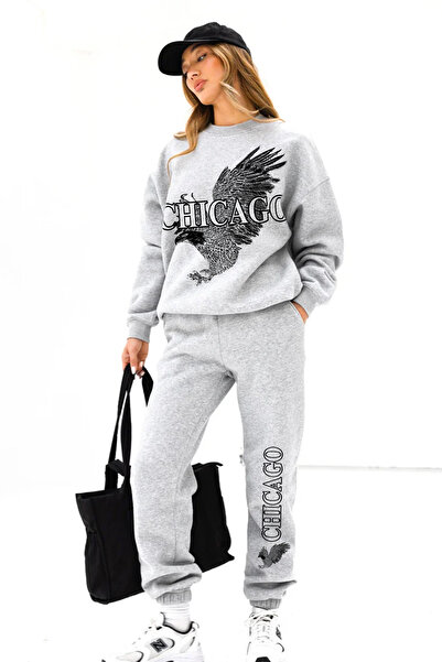 darkopia Unisex Men's Women's Chicago Eagle Printed 3 Thread Crew Neck Tracksuit Set