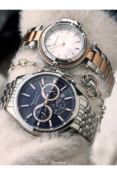 Ferrucci Couple Watches, Rose Navy Blue Silver Color Steel Band, Gift in Separate Boxes with Bracelet Gift