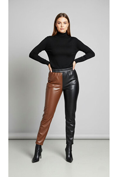 SUHIS Women's Multi-Colored Black-Brown Faux Leather Pants