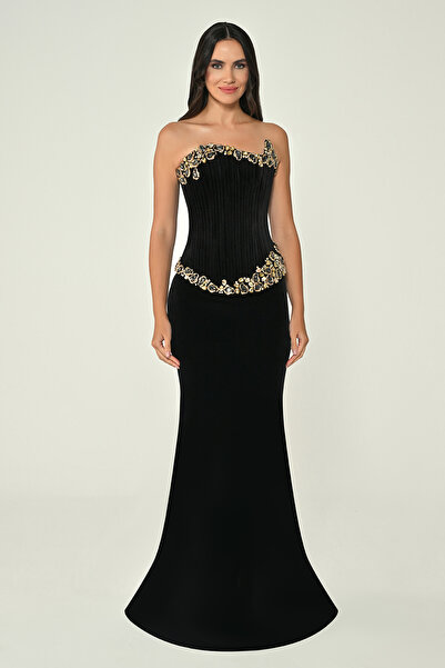 ALFABETA فستان سهرة مخملي أسود من قطعتين بتفاصيل ذهبية فاخرة