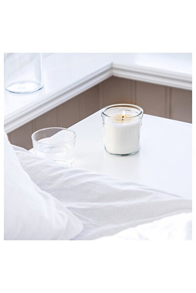 IKEA TRÅDCYPRESS Scented candle in glass, Fresh linen/white, 40 hr