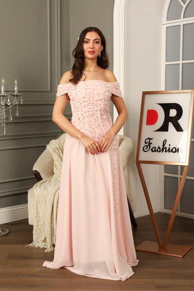 Dr Fashion Pink off-shoulder evening dress