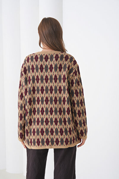 MAMAYAGA Long Sleeve Stylish Wide Patterned Knitwear Jacket with Front Buttons and Pockets Suitable for Women's Hijab