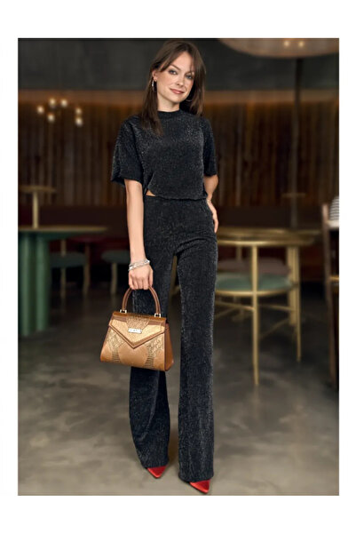 STYLENEST Kadın Simli Yumoş Salaş Beli Lastikli Siyah Pantolon