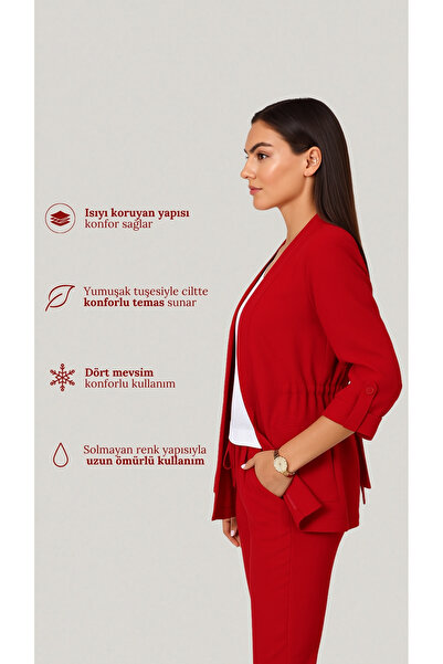 FARREN Kadın Kırmızı Şal Yaka Kuşaklı Blazer Ceket – Rahat Kalıp, Dört Mevsim Dokuma Kumaş