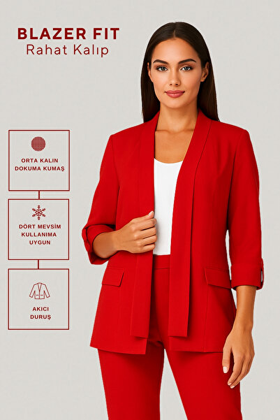 FARREN Kadın Kırmızı Şal Yaka Kuşaklı Blazer Ceket – Rahat Kalıp, Dört Mevsim Dokuma Kumaş