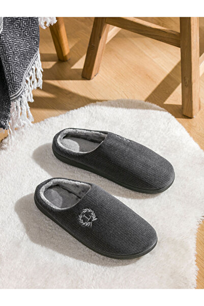 LC Waikiki Anthracite Men's Home Boots Slippers with Fur Inside