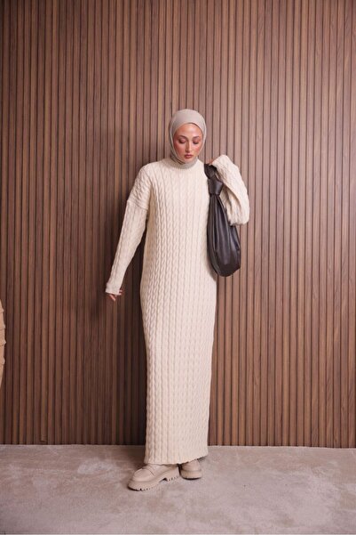 PALMİYE GİYİM Örgü Desenli Tesettür Uzun Triko Elbise-Krem