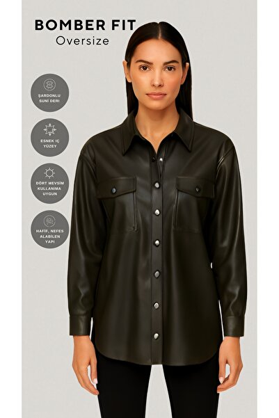 FARREN Kadın Siyah Oversize Şardonlu Suni Deri Gömlek Ceket – Metal Çıtçıtlı,...
