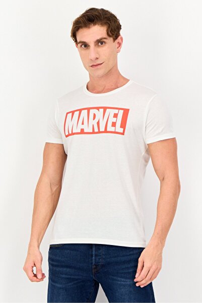 DIFUZED Marvel By Men Crew Neck Short Sleeve Brand Logo T-Shirt, White