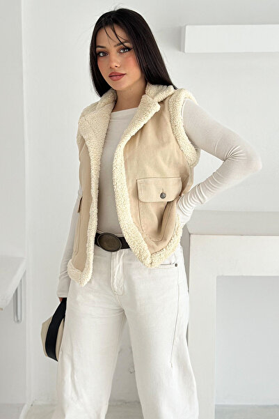 Noa Noa Women's Plush Trim Pocket Vest – Contrast Color & Winter Style