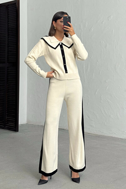 Lusin Women's Ecru Stylish Collar Detailed Buttoned Blouse Pants Bottom Top Two-Piece Knitwear Set