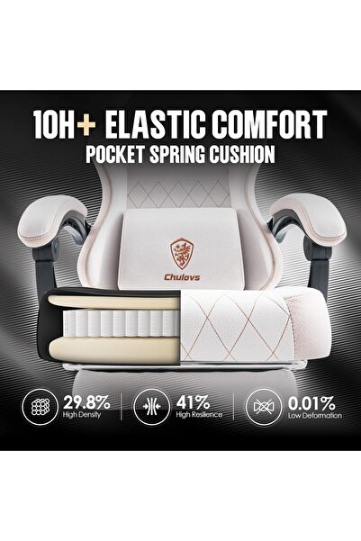 Chulovs Gaming and Office Chair with Pocket Springs, Adjustable Backrest, Lumbar Support - White