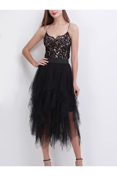 Generic Tulle Midi Fairy Skirt - A-Line Mesh Layered High Elastic Waist