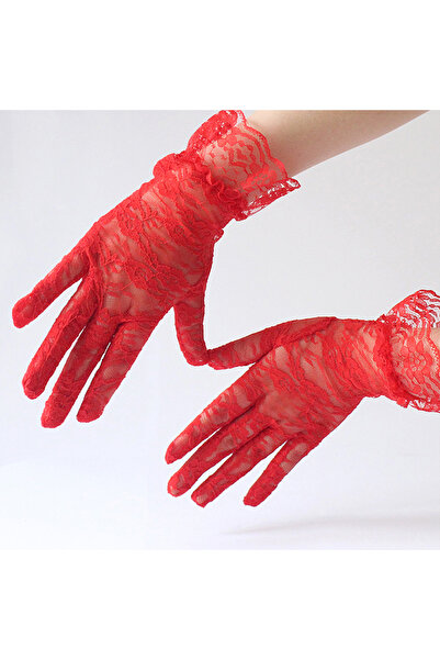 Toptan Bulurum Party Accessory Laced Wrist Length Red Lace Gloves Adult