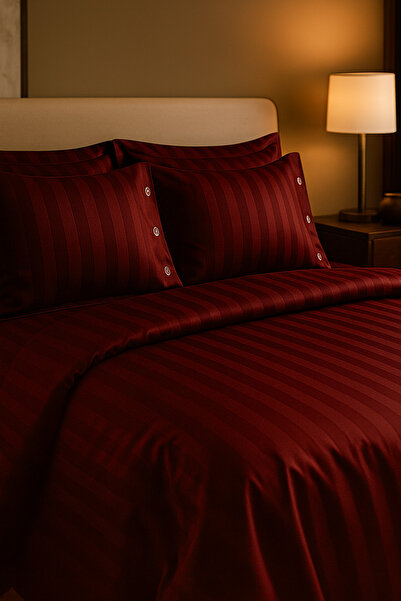 Morlay Premium %100 Pamuk Saten Oxford Düğmeli Çift Kişilik Çizgili Saten Nevresim Takımı