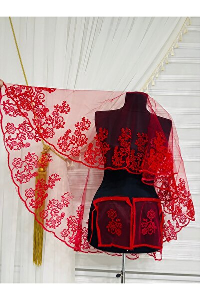 Muensu Kırmızı Flok Baskı Gelin Duvak, Eldiven Seti, Ekonomik Gelin Duvağı, S...