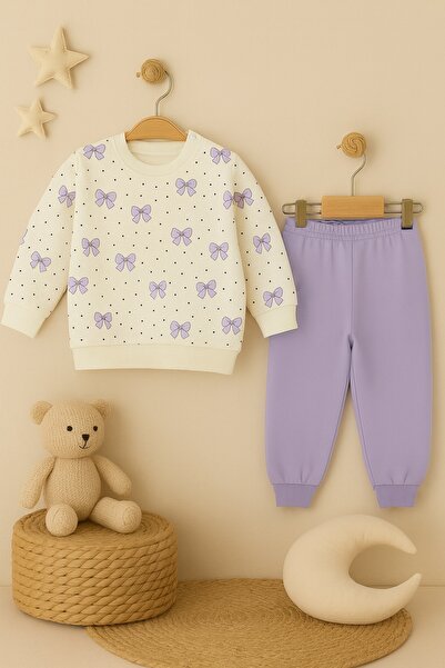 Le Touche طقم بيجامة قطنية منقوشة بشريط للفتيات مكون من قطعتين