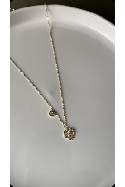 XUPING JEWELRY Zirkon taşlı minik iki kalp üçlü 14k altın rengi kolye