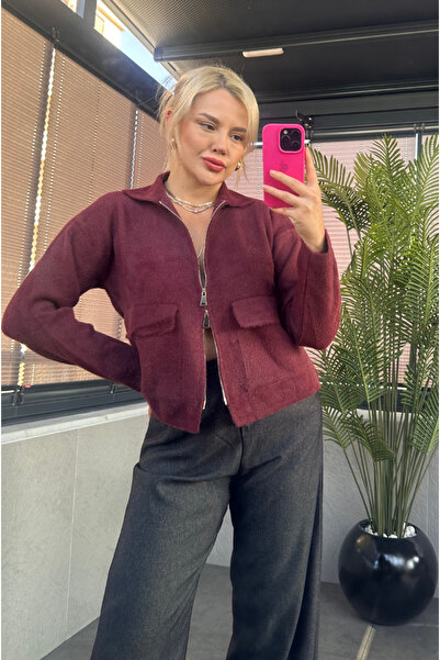 MİR STORE Burgundy Zippered Pocket Detailed Bearded Cardigan